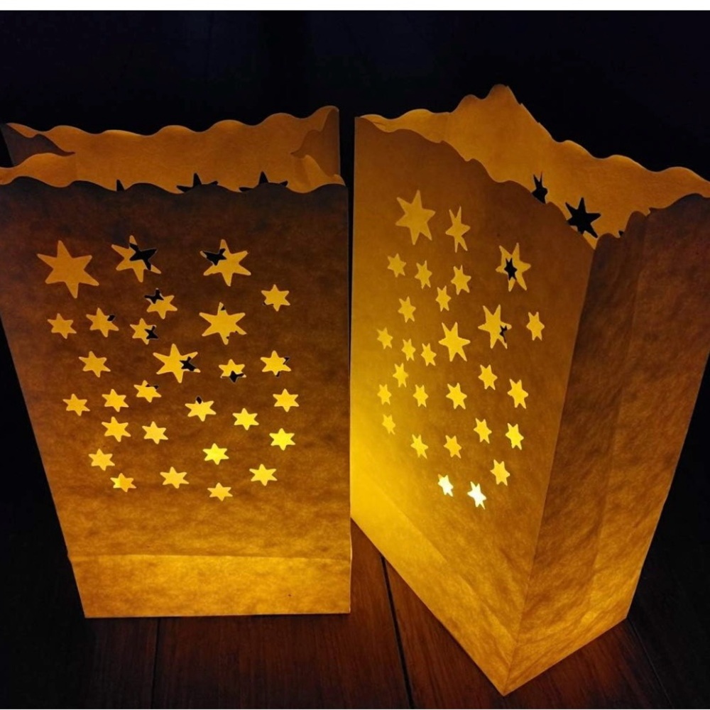 White Star Cutout Paper Luminary Bags with LED Tealights - White (40)